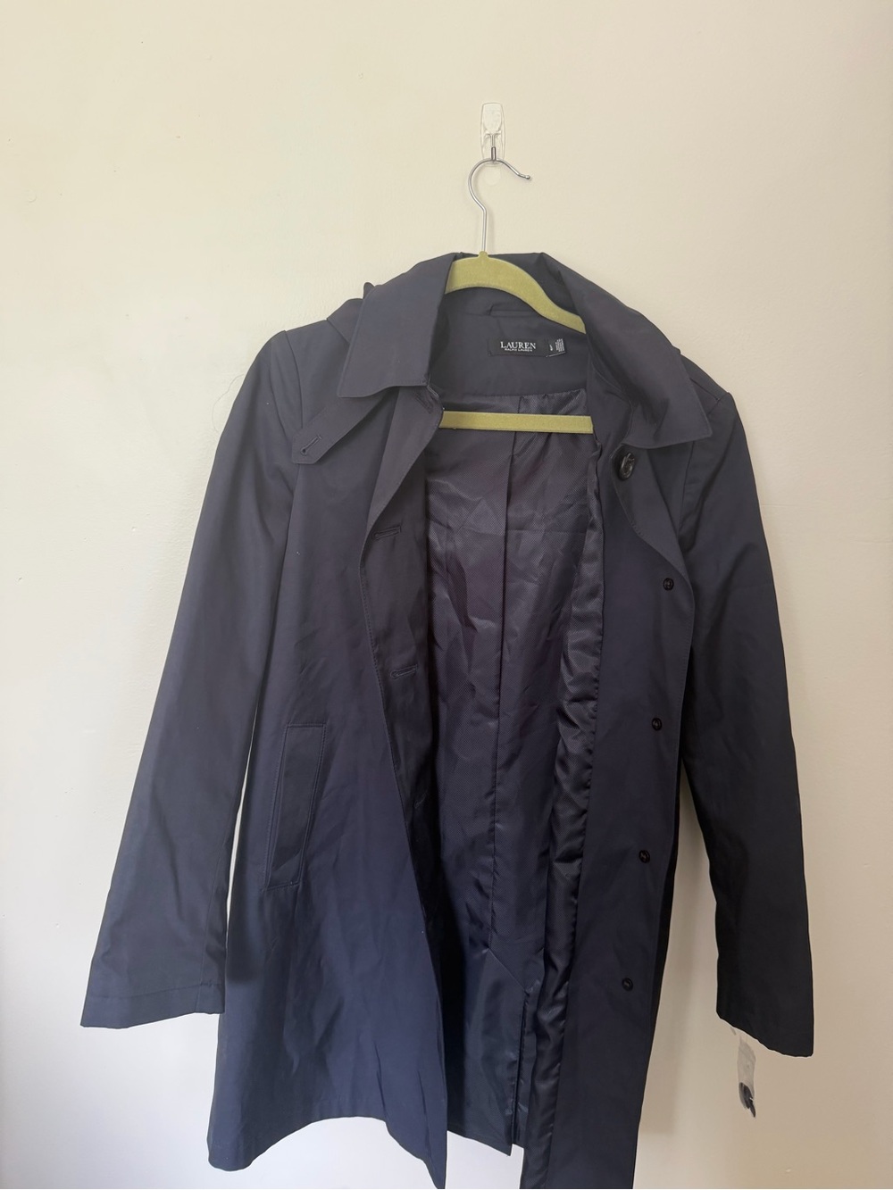 Ralph Lauren Navy Coat with Olive Suede Hanger Accent